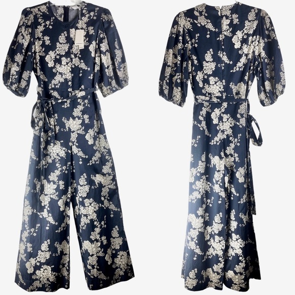 NEW Rebecca Taylor Gabrielle Floral Puff-Sleeve Jumpsuit Navy & Beige Sz 2 - Picture 1 of 15